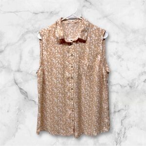 Cream animal print sleeveless button front sheer blouse top sz Medium